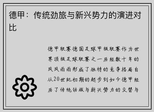德甲：传统劲旅与新兴势力的演进对比